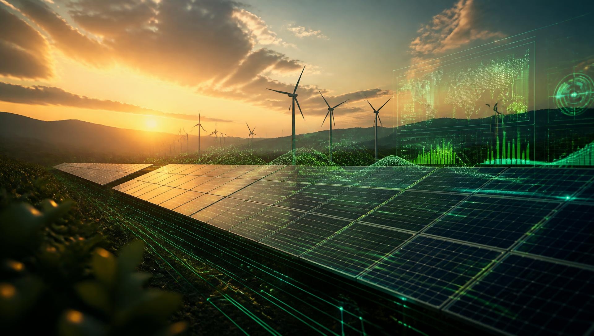 Usina solar com turbinas eólicas e painel de monitoramento digital